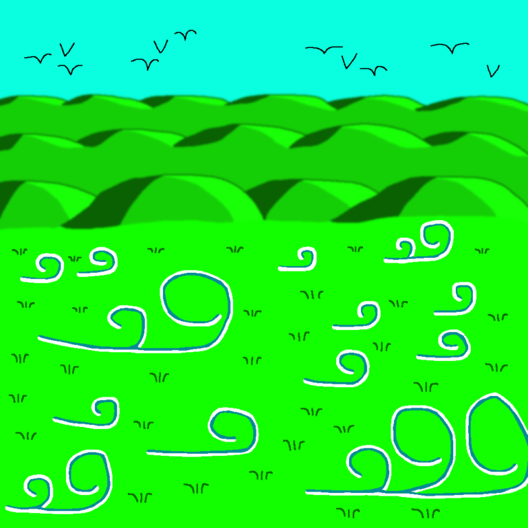 Gales are one of wind magic's popular spells. In the foreground are a bunch of shapes that curl to the left which represent gusts of wind. The gusts are blowing right, above the grassy field which has blades of grass scattered throughout. Above the grass are three rows of green hills that run left to right. Each hill has its own shadow, as indicated by the darker green color, as well as its own light, exemplified by the lighter shade of green. Above the hills is the blue sky which has 11 birds flying.