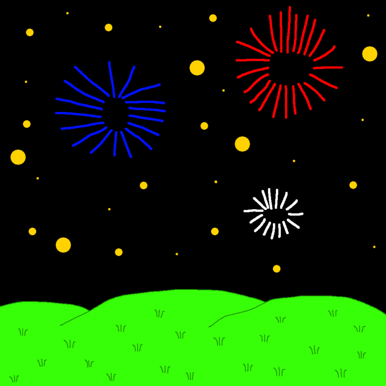 Three fireworks, one red, one blue, and one white light up a starry nighttime sky. These fireworks mark Independence Day. Under the sky is a hilly grass with blades of grass here and there.