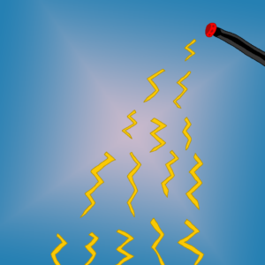 The bolt is the standard form of lightning magic. Here 15 bolts are being shot out of a black wand with a red orb. The wand is in the upper right and the bolts are flying down into the lower center. The background is a blue-faint white gradient with the white shaped like a diamond and the blue fills up the rest of the image.