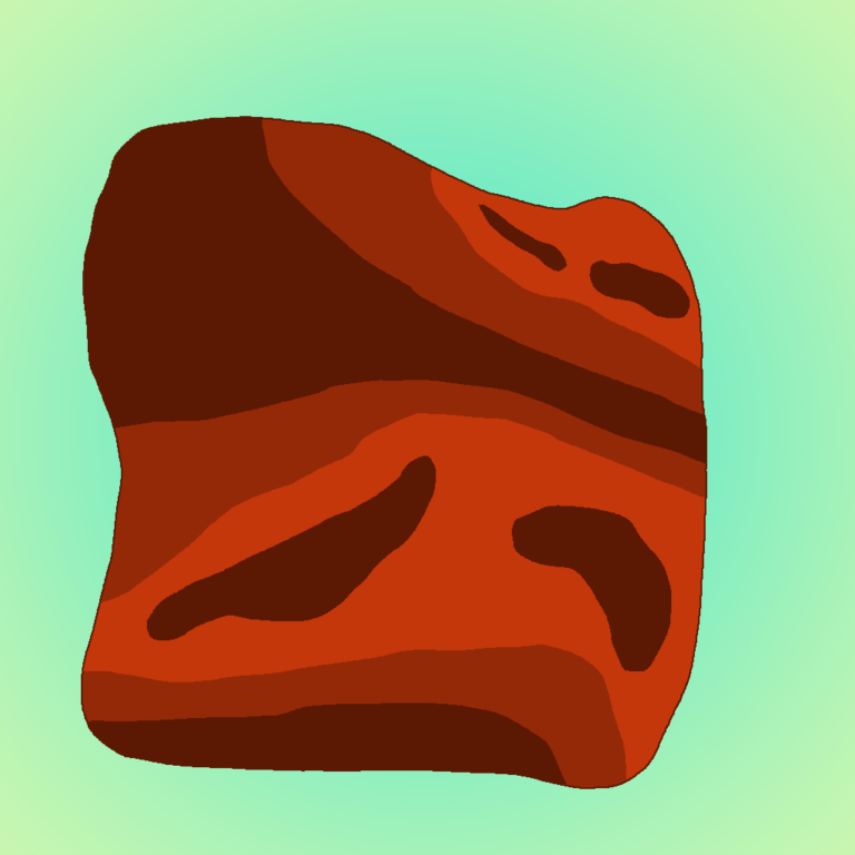 Rock shields are a defensive spell of earth magic. This irregularly shaped large red rock takes up the bulk of the image. The rock has two shades of darker red to illustrate its shadows. The shades have their own distinct shapes. In the background is a green-pale yellow gradient. The green is in the middle, visible behind the rock. As you go towards the image's edges, the green transitions to the pale yellow.