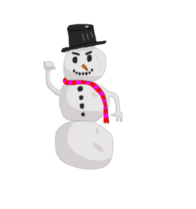 A form of ice magic, snowmen are great spells to use on the offensive or defensive. This snowman is broken into a stack of three balls. The topmost ball contains his black eyes, eyebrows, carrot nose, and black coal mouth. On his head is a large black hat. The hand on the left is holding a snowball whereas the hand on the right is resting comfortably in midair. The middle ball has four coal balls sitting in a vertical row. A red-purple scarf runs from left in-between the top and middle balls to the right, ending next to his hand.