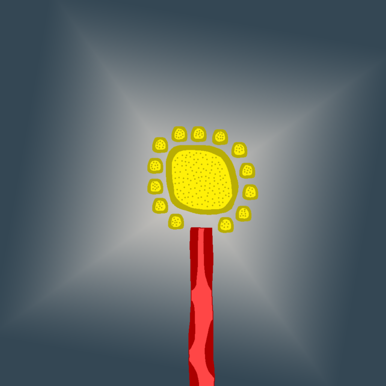 A spell of light magic, sunlight brings light to darkened areas. This image depicts a large yellow orb floating above a red wand. The orb is surrounded by smaller floating orbs. All the orbs have a darker yellow shade on the outer side with the interior having many dark spots. In the background is a faint white-dark gray gradient. The faint white resembles a diamond and is behind the orb with the dark grey taking up the rest of the image.