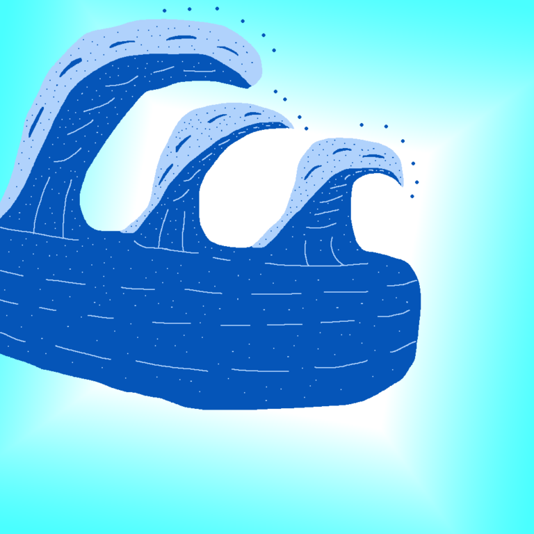 One of the most powerful forms of water magic, tsunamis wreak havoc wherever they go. This tsunami has three waves, with the smallest at the right. Each wave increases in height as you look left. The water underneath is being cast out of a wand just outside the image's edge to the left. In the background is a white-light blue gradient, with the white looking roughly like a diamond. The light blue takes up the rest of the screen.