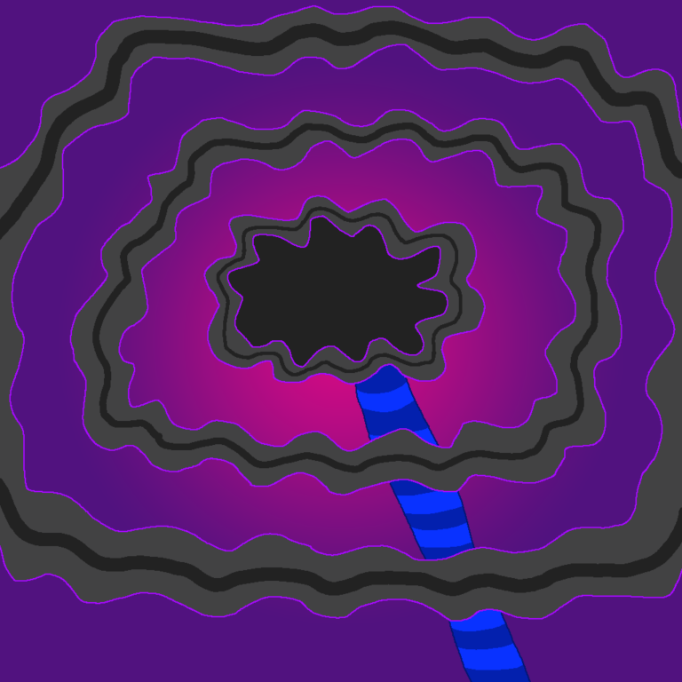 A spell of dark magic, the black wave damages those in its path. Here, a blue wand with alternating light and dark shades is emitting a cloud-like wave in the center. The wave spreads out in all directions, alternating between black and clear. Each wave has a purple edge. In the background is a pink-purple gradient with the pink in the image's center. Going outward, the pink transitions to purple which fills up the rest of the image.