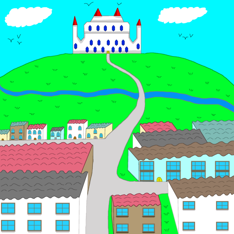Fantasy cities are important in the genre. This image depicts a city with a castle on a hilltop above it. The city has both rectangular- and square-shaped buildings with a wavy roof on each one. The buildings come in four colors: light yellow, brown, light blue, and white. The roofs come in the following colors: dark blue, red, light black, and dark brown. Many of these buildings have windows and some have a visible door. The road itself runs down the middle of the image, swaying to the right and then the left, ending at the doorstep of the castle. The road also meets two others, one that runs to the left, and the other to the right. Behind the city is a grassy field with blades of grass scattered throughout. A river cuts through the field, meandering from the left edge to the right edge of the image. The castle itself is white with gray shadows. It has four red turrets and diamond-shaped windows. The sky above is a bright blue with two white clouds. Some birds are flying on the left side, above the castle, and the right side.