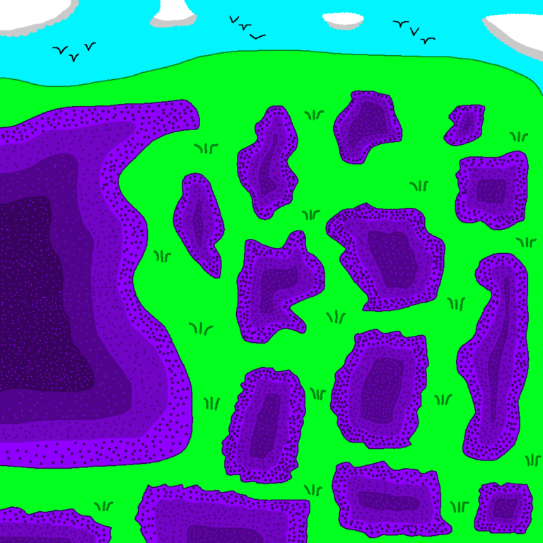 A spell of dark magic, goo can change a battlefield. A series of differently shaped goo is scattered throughout the image. The purple darkens the closer it gets to its center. The goo is atop a grassy field with blades of grass here and there. Above the grass is the blue sky which has several birds flying and white clouds.