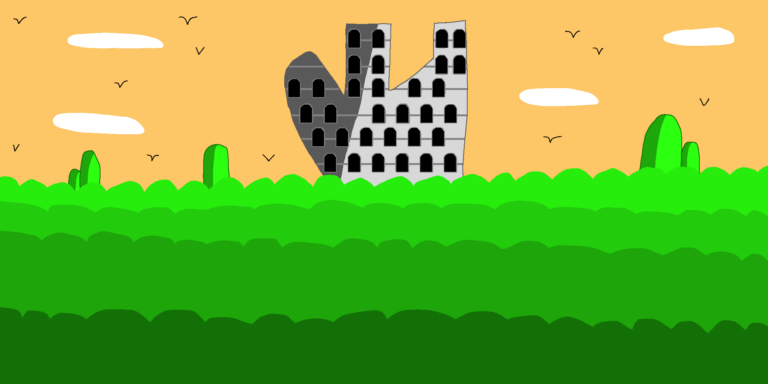 Fantasy forests fit right in the genre. This image depicts a forest with a castle-like building rising above the trees. Several large hills also stick out of the forest. The orange sky has four oval clouds and birds flying.