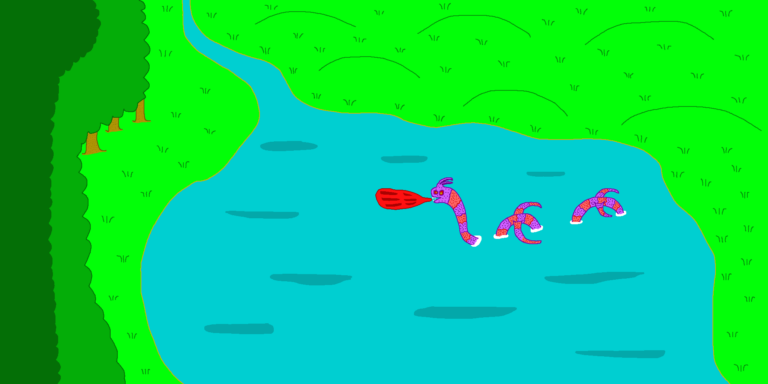 Fantasy lakes are full of excitement. This image depicts a lake with a fearsome purple-red serpent breathing fire. A river is flowing into it. A large forest is to the left and hills are above it.