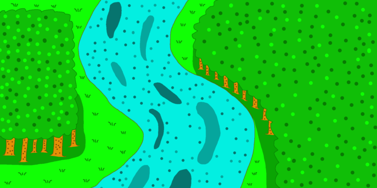 This is one of many fantasy rivers. The river is meandering down with a forest on each side. Blades of grass are visible on both sides.