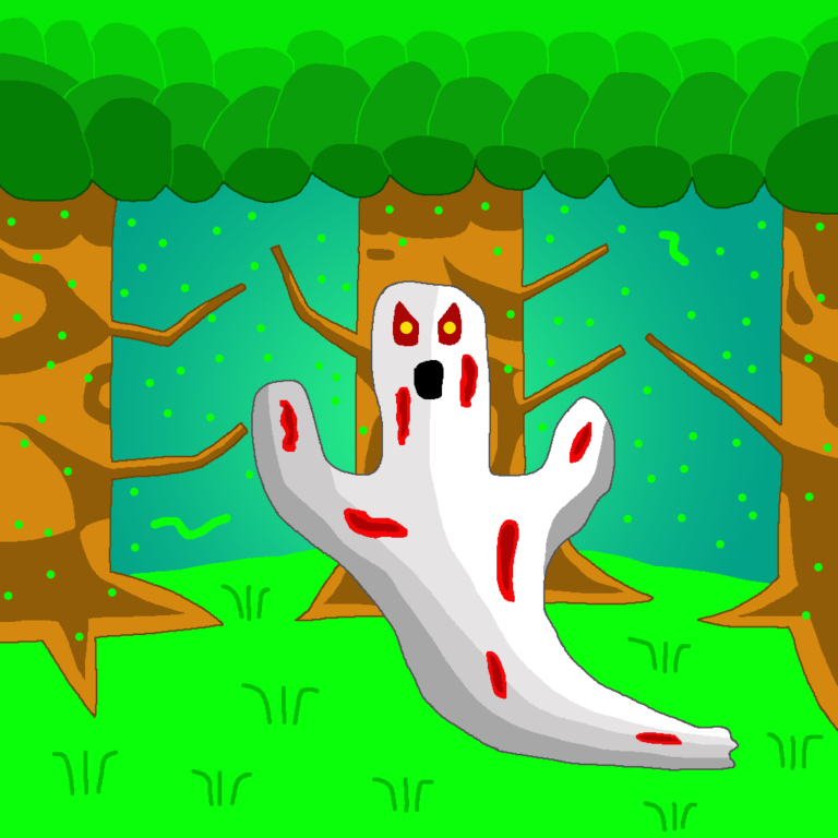 Many fantasy forests have ghosts. This ghost has red eyes with yellow irises and an open mouth. He has several bloodstains visible on his body. Three trees stand behind him. Above the trees are the leaves. Underneath the ghost is grass, as indicated by the visible blades scattered throughout. Green spirits float in the air by the trees.