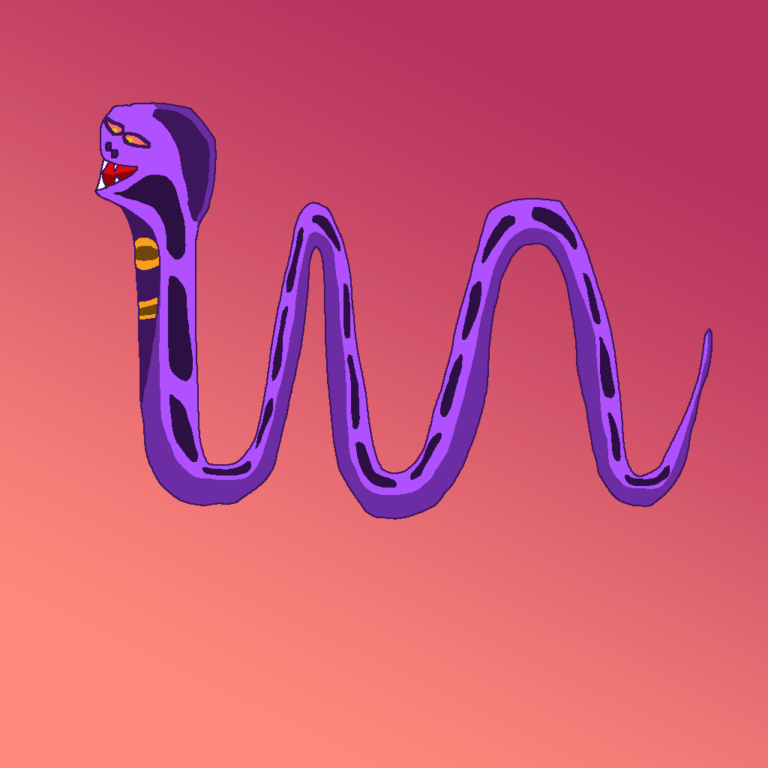 A spell of dark magic, the snake is but one of many animals that can be summoned. This purple snake, slithering to the left, has red-yellow eyes, two nostrils, and fangs. His body is arching up and down and has a bevy of dark purple spots throughout. The background features a light red gradient, with the light in the lower left turning into a darker shade in the upper right corner.