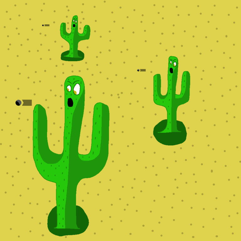 Evil cacti are a staple in a fantasy desert biome. Here, three cacti. all facing to the left, with evil yellow eyes are shooting a pellet ball. The rest of the image shows a sand with small dark circles.