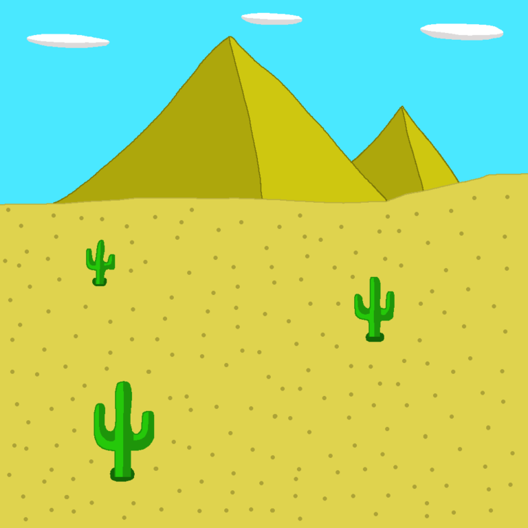 This shows a fantasy desert biome. Two pyramids tower in the background with the blue sky above them. There's three oval-shaped clouds. Below the pyramids is a sea of sand with small dark circles. In the sand stand three cactus.