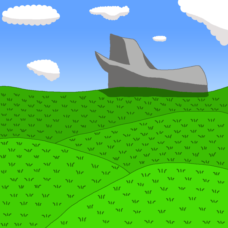This fantasy grassland has four gently curved hills, each with many blades of grass visible. In the background is a large gray rock with a point sticking out on the left side. Above the grass and rock is a bright blue sky with five white clouds.