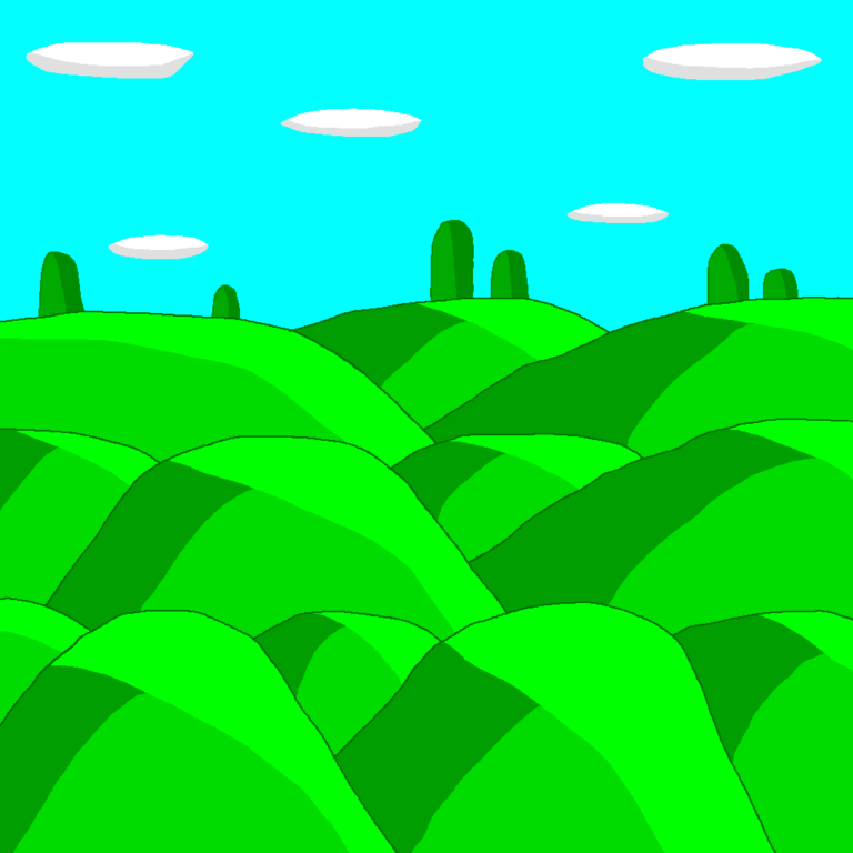 A series of fantasy hills that go to the horizons. This hill biome has several rows of hills. In the background are six large hills jutting out of the ground. Above them is the blue sky with 5 oval-shaped clouds.