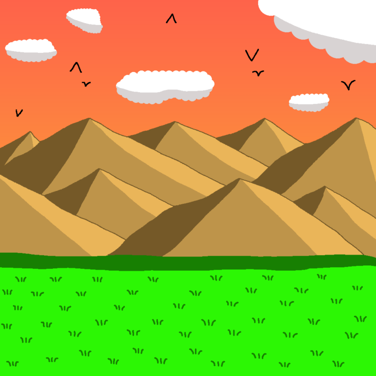 This is a series of fantasy mountains. There's two sets of brown mountains running left to right. Beneath them is a grassy plain with blades of grass scattered throughout. Above the mountain biome is a orange sky with white clouds and flying birds.