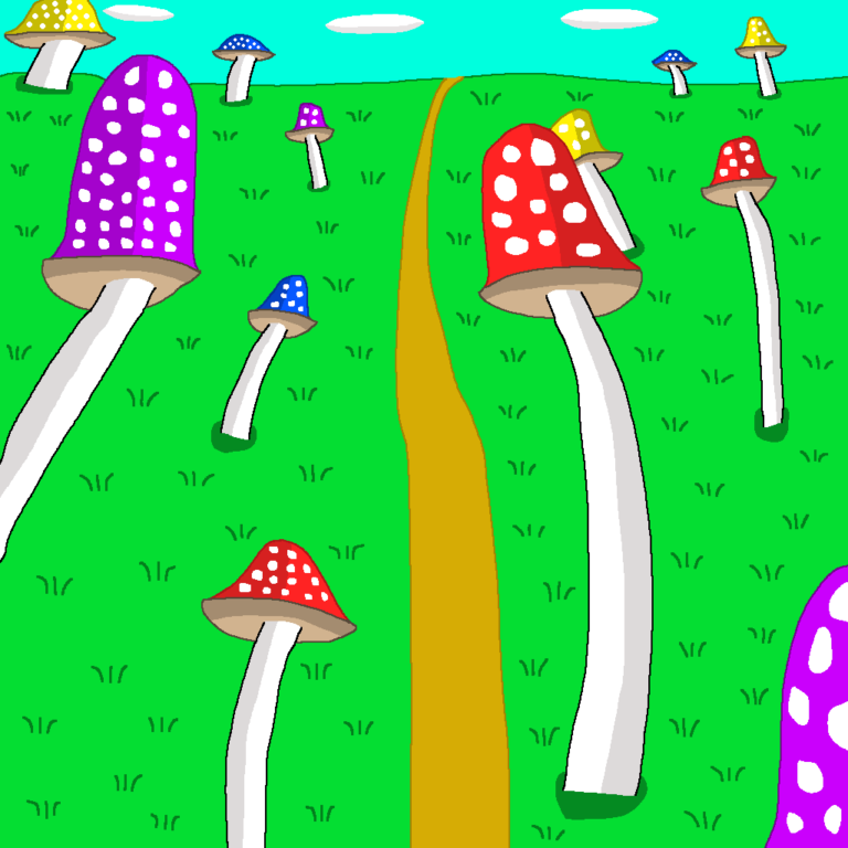 A mushroom biome. These fantasy mushrooms tower over the grass and are bell-shaped. There's red, blue, yellow, and purple shrooms. A brown road runs down the middle, ending at the horizon. Blades of grass are scattered all over. Above the mushrooms is a blue sky with three oval clouds.