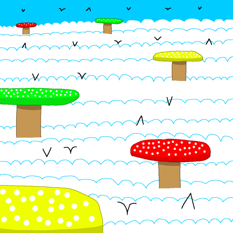 Fantasy mushrooms are a great fantasy environment. This image shows six shrooms high up in the blue sky with a heavy white cloud cover. Of the six mushrooms, two are red, two are green, and two are yellow. There's a lot of birds flying.