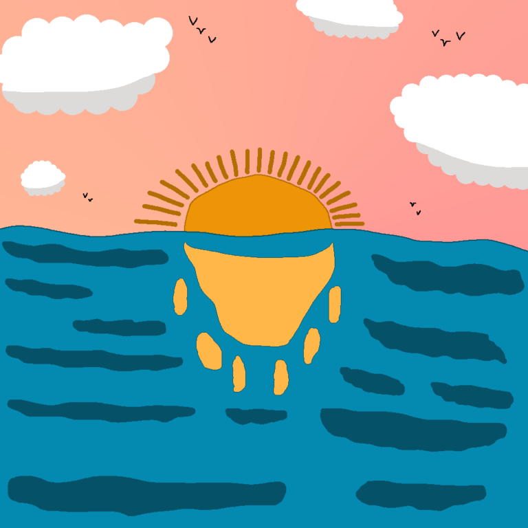 This fantasy ocean shows the rising sun against an orange sky. The sun is shining upon the ocean as seen with the orange spots on it. Several white clouds and birds are scattered throughout the sky. The dark blue marks on the ocean represent its shadows.