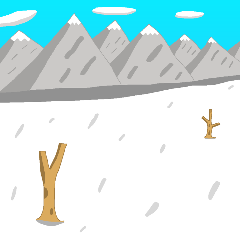 The frozen tundra biome is one of many fantasy environments. This image depicts a tundra with a gray mountain range in the background. There's a couple of trees, both with no trees, on the white tundra. Above the mountains is the blue sky which has three oval-shaped clouds.