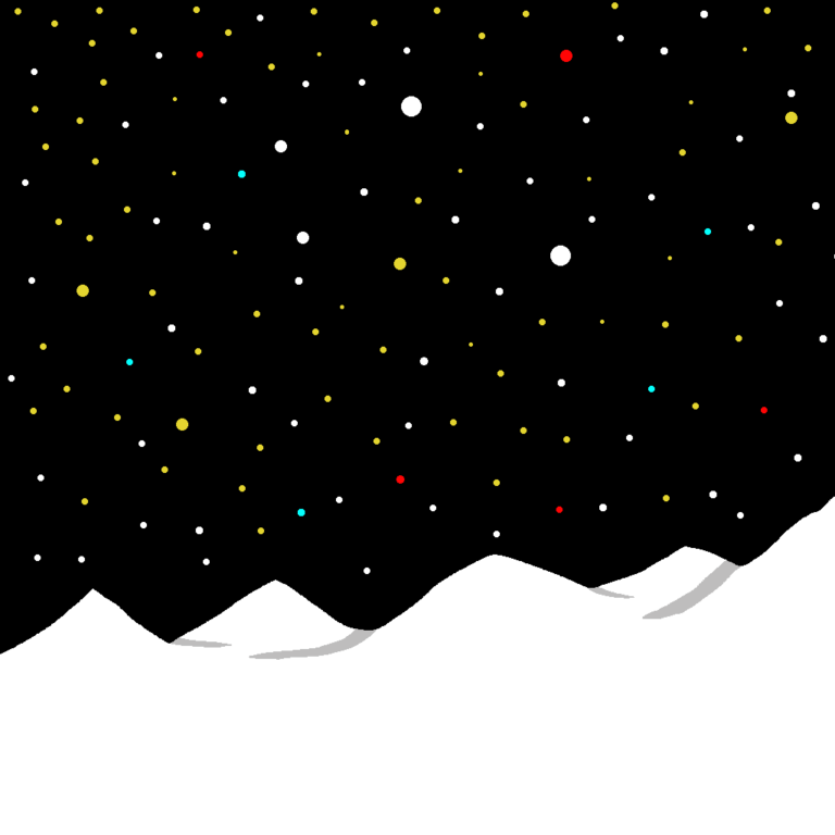 The frozen tundra biome offers a great view of the nighttime sky. This image shows a white mountain range at the bottom with a starry sky above it. The stars come in white, yellow, red, and blue and are in various circle-shaped sizes.