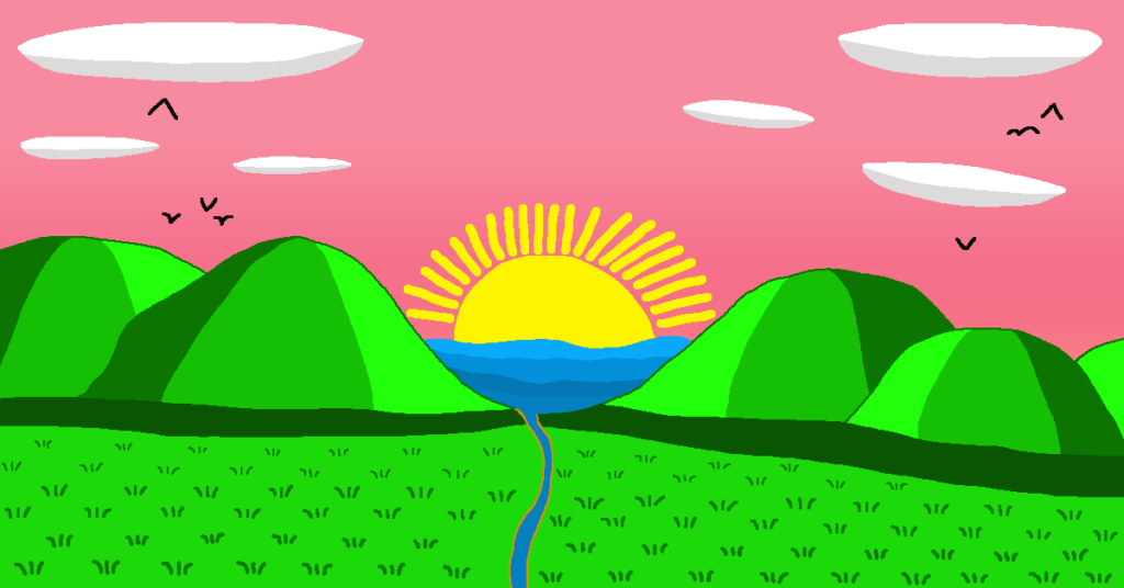 A sun rising above the sea seen in between large hills. The sea is fed by the river that runs from the bottom. The river separates the grassy plain of which many blades of grass are spread all over. Above the hills is the pink sky which has birds and white clouds. This is used for the Getting Started page.