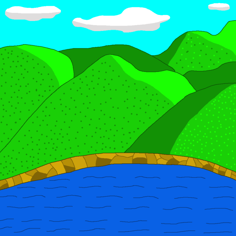 A series of green fantasy hills over a lake. Above the hills is a blue sky with white clouds.