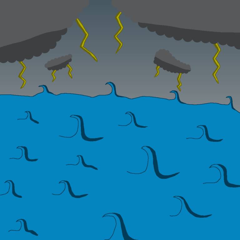 A fantasy ocean storm. The dark gray sky features four dark clouds, each with two lightning bolts jutting towards the ocean. The ocean has high waves.