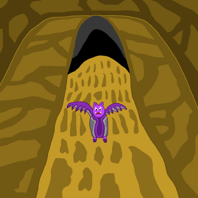 Trekking through a fantasy cave, there's a purple bat in the way, flapping his wings. The cave has a brown rocky floor and brown walls. The deeper part of the cave is pitch back.