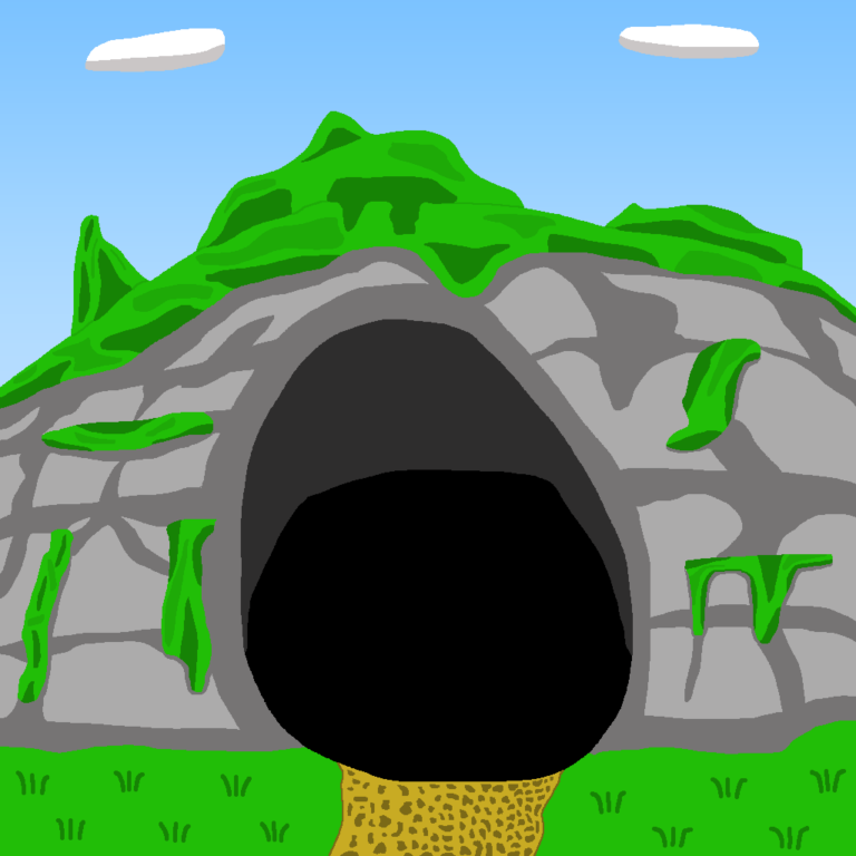 A fantasy cave entrance. It's on the side of a hill with grass growing above it and on the gray wall flanking the cave. Underneath it is a dirt road with grass on each side. Above the hill is the blue sky with two oval clouds.