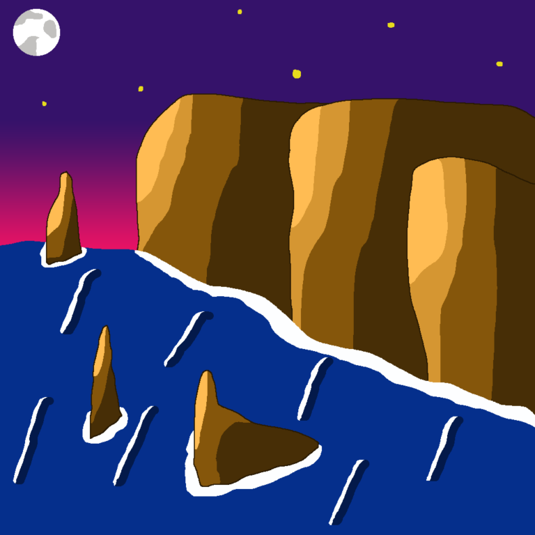 Fantasy Cliffs are an important element in worldbuilding. This image depicts 3 cliffs overlooking the ocean at nighttime. The ocean has 3 rocks jutting out. The purple-pink sky has 6 yellow stars and the moon in the upper left corner.