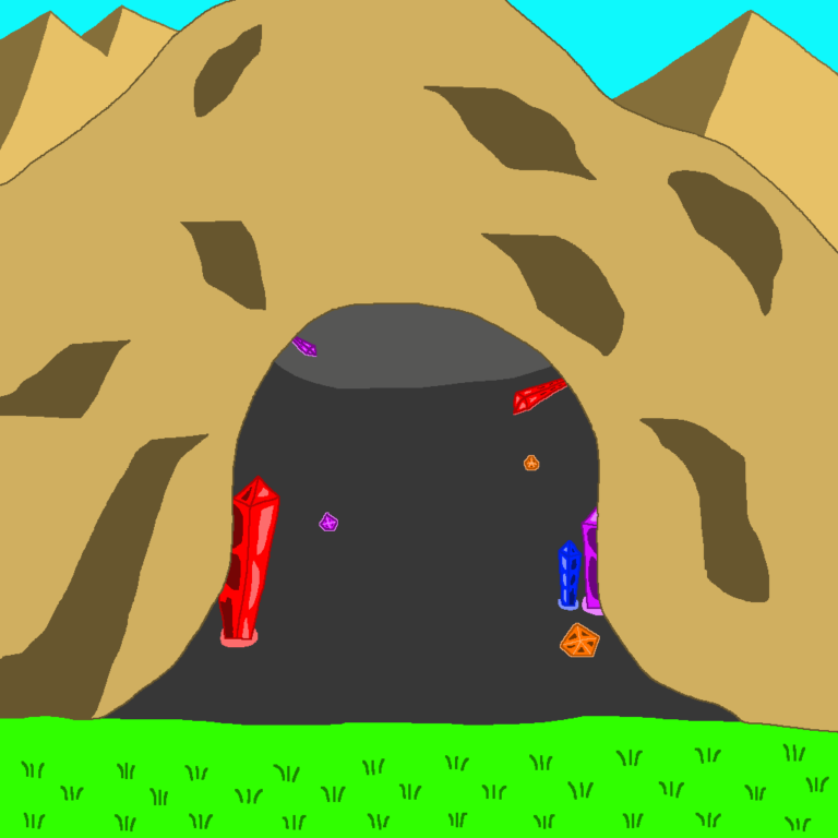 This entrance to a fantasy crystal cave is within the mountains. Here, there's red, blue, orange, and purple crystals at the entrance. The mountain the cave is in is surrounded by others. In front of the cave is grass. Above the mountains is the blue sky.