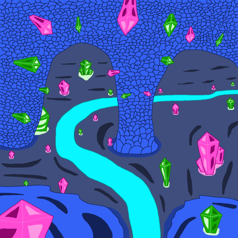 The inside of a fantasy crystal cave is full of crystals. Here, pink and green crystals are all over, from the ground all the way up to the ceiling. There's a river meandering through the cave.