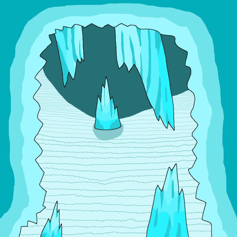 The inside of a fantasy ice cave. The walls, ceiling, and ground are blue. There's some stalactites and stalagmites.