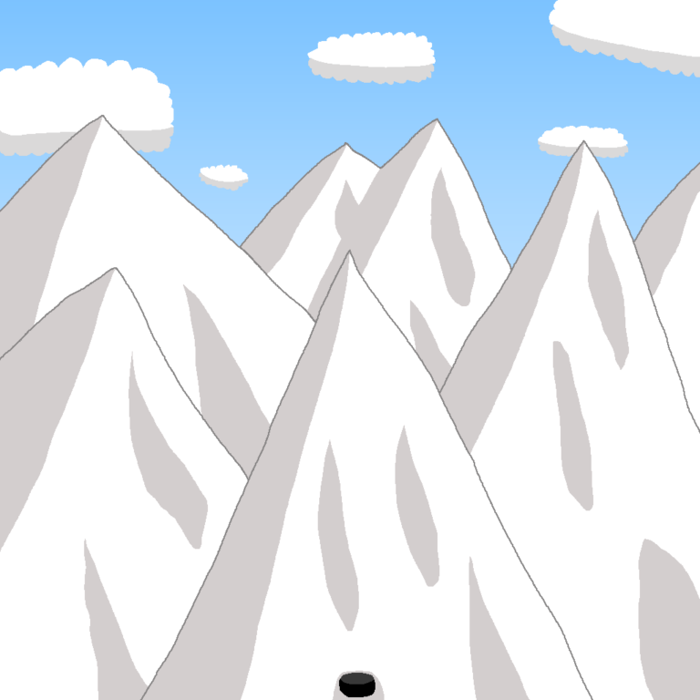 A fantasy ice cave at the foot of a white mountain range. Above the mountains is the blue sky with five clouds.