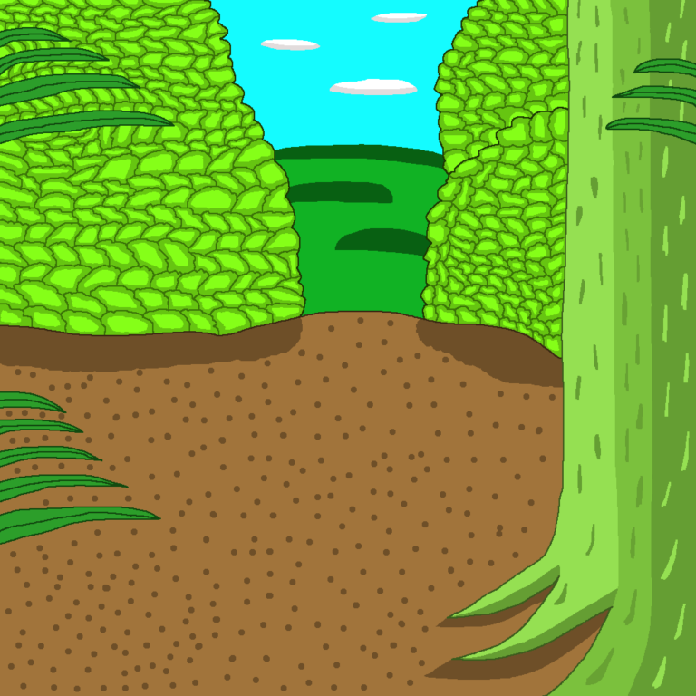 Fantasy jungles are a great environment. This images depicts the end of the jungle biome with a green tree on the right, several large bushes behind the tree. There's also several plants. The opening between the bushes leads to a clearing of green hills and blue sky with several oval clouds.