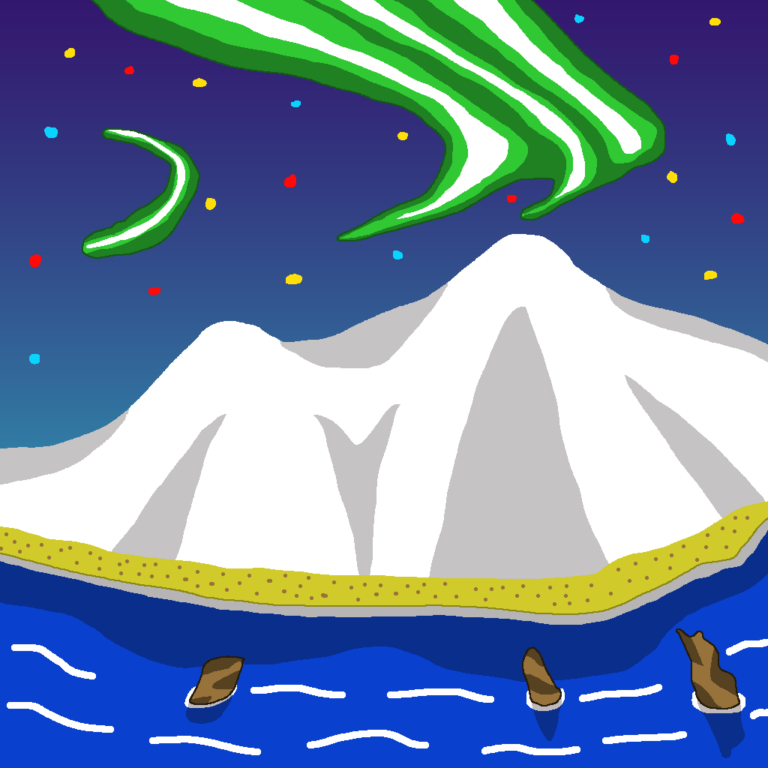One of many polar fantasy islands, this island features mountains and a dark blue sky with an aurora borealis. The sky also has yellow, blue, and red stars. In front of the mountains is a sandy beach. In the foreground are three rocks and the dark water.