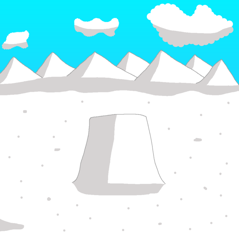 This is one of several kinds of fantasy mesas. This snowy one is in the foreground with a snowy mountain range in the background. There's a white field beneath the mountains. Above them is the blue sky with three white clouds.