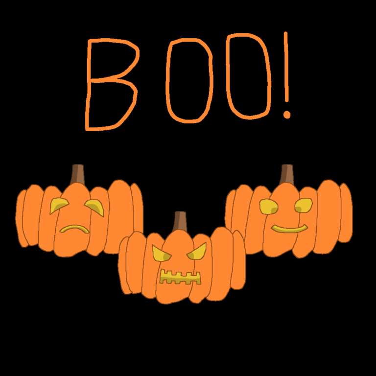 3 jack-o-lanterns with the word Boo! above them on a black background. One pumpkin has a happy face, another a mad face, and the third a sad face. The jack-o-lanterns are a symbol of Halloween.