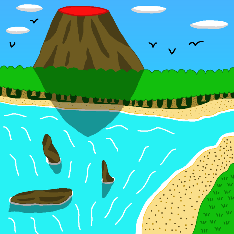Tropical fantasy islands have a volcano at their heart. It's sitting atop an island laden with trees. There's a sandy beach in front of the trees. In the lower right is another island with a beach and grass. The lower left depicts three rocks. There's water separating the islands and rocks. Above the volcano are 4 oval clouds and several birds flying.