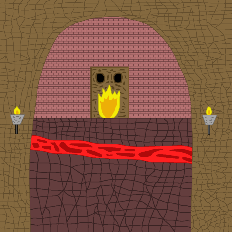A fantasy dungeon is a great environment to explore. This one has a rocky brown arch with a light on each side. The floor itself is a rocky dark purple with a river of lava flowing from the left to to the right. The wall is a tiled dark pink with a stone face in the middle. Its eyes are black and it has a fire burning where its mouth ought to be.