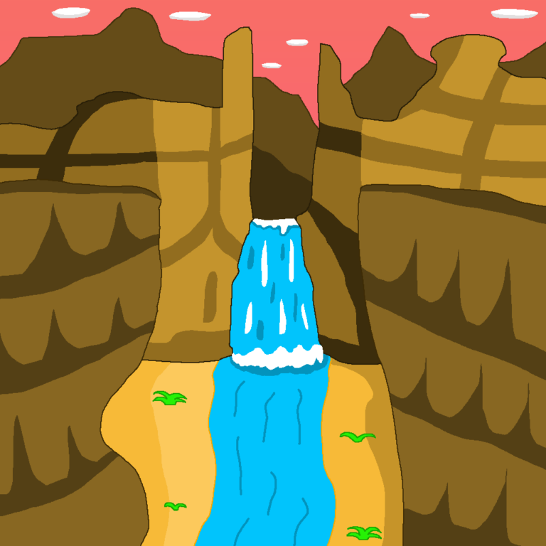 This fantasy canyon has a waterfall where the water continues flowing after it falls. It's surrounded by tall cliffs. Alongside the flowing water are several blades of grass. Behind the waterfall are more cliffs. Above them is the pink sky with 6 oval-shaped clouds.