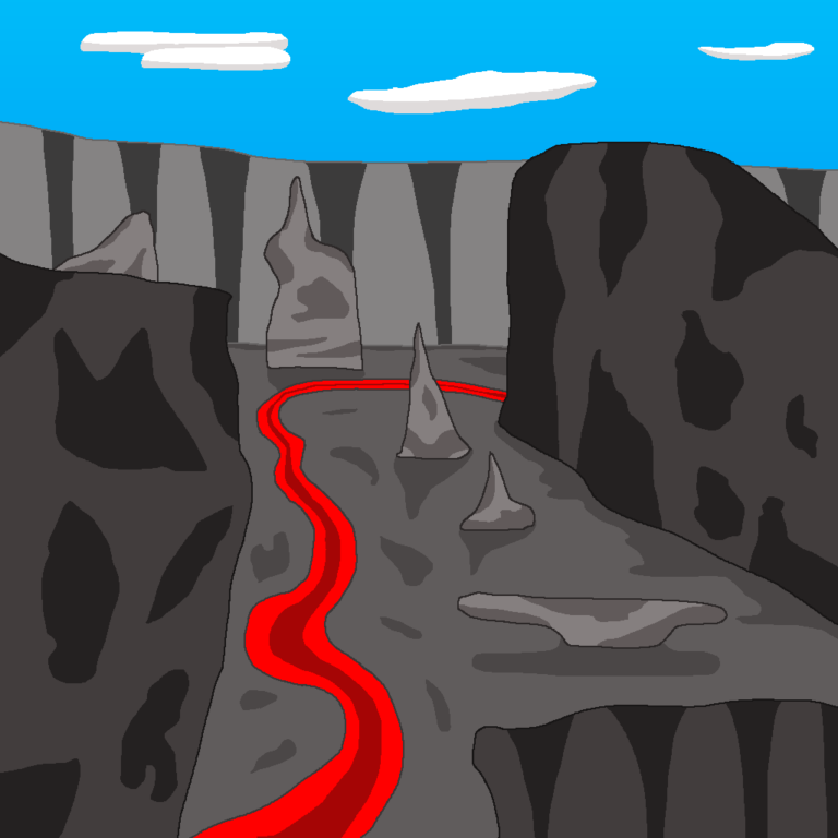This fantasy canyon has lava meandering from the foreground to the background. This gray canyon has two cliffs in the foreground, another to the right side and a rock wall in the back. Near the lava are several rock formations. Above the rock wall is the blue sky with three clouds.