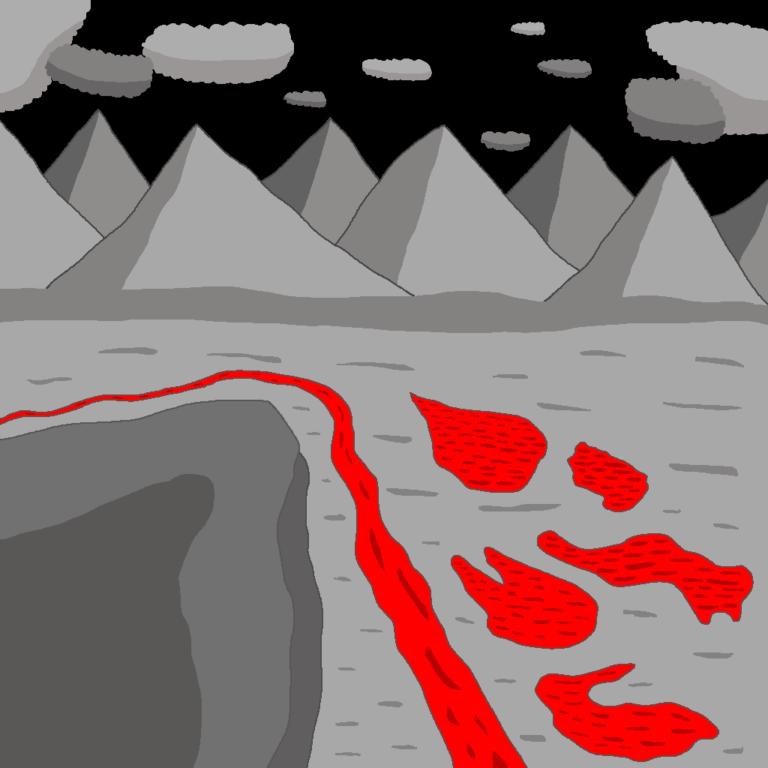 A fantasy dark world with gray mountains and a river of lava meandering from the bottom-center to the center-left. A gray plateau sits in the lower left corner and to the right of the lava river is a series of lava pits. Above the mountains is a black sky with 10 gray clouds.