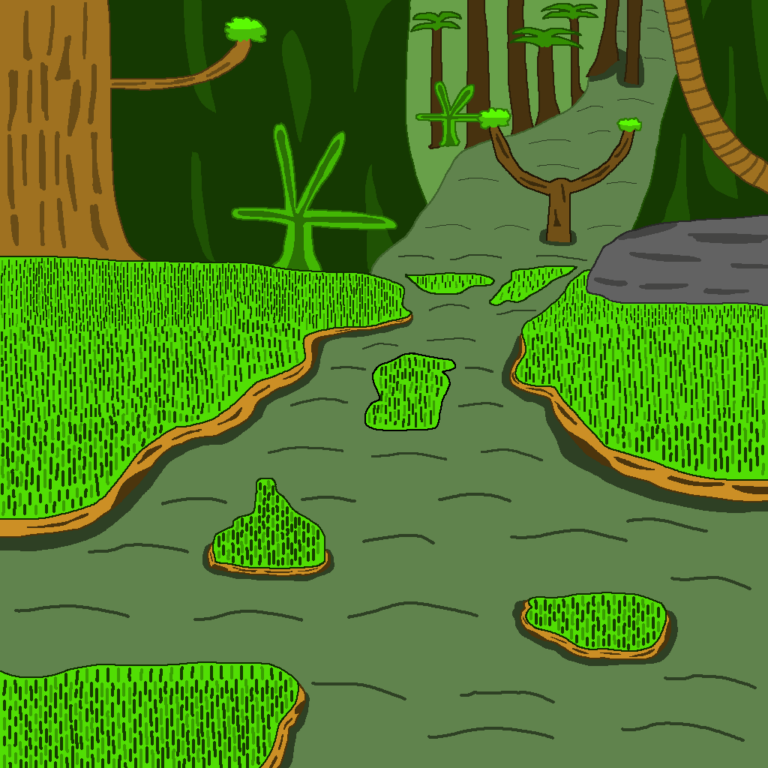 A fantasy swamp teems with vegetation. Here, stream of green water flows through, surrounded by several areas of grass. In the background, a series of different shaped trees are seen.