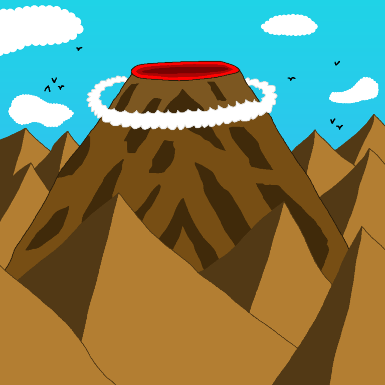 A fantasy volcano with clouds swirling around it. Surrounding the volcano are mountains. Above them is the blue sky which has four clouds and birds flying.