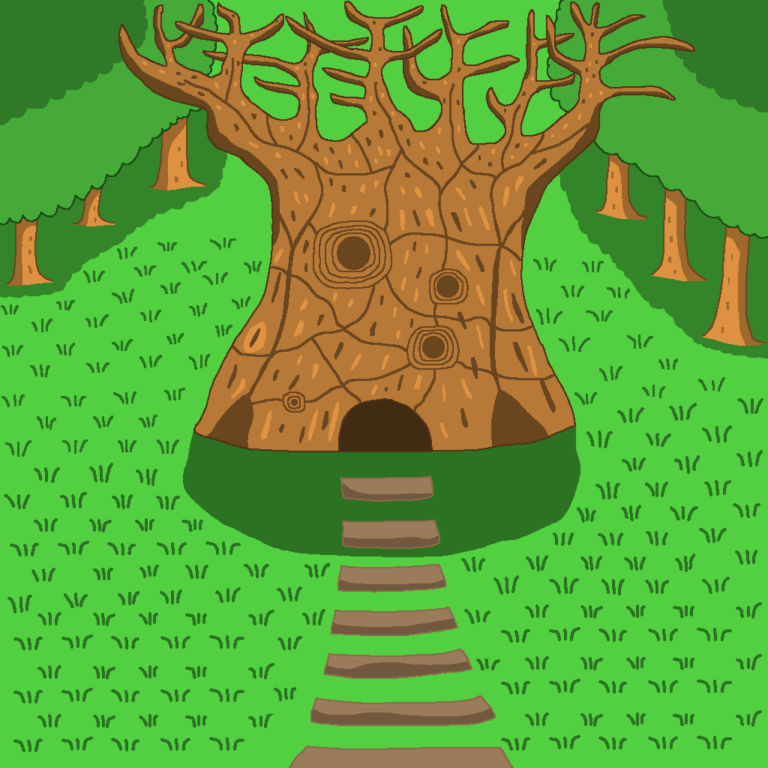 The tree with no leaves in the center is a forest dungeon. It's in the middle of a forest with trees on both sides. It's also surrounded by grass. There's a series of rocks leading to the dungeon's entrance.