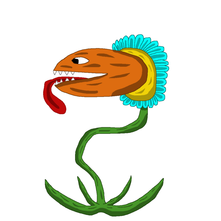 Plants are a common enemy in a forest dungeon. This orange one has its tongue sticking out. At the other end of its orange face is a yellow bud with blue petals. Underneath the bud is a green stem that goes to the ground where there's four large leaves protruding out.