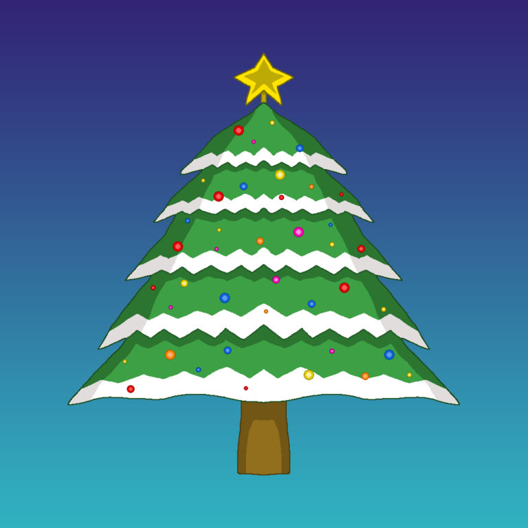 A Christmas tree. This tree has some white alongside each row. There's red, yellow, blue, pink, and orange ornaments. Sitting atop the tree is a yellow star. The background is a gradient blue going from light to dark from the bottom to the top.