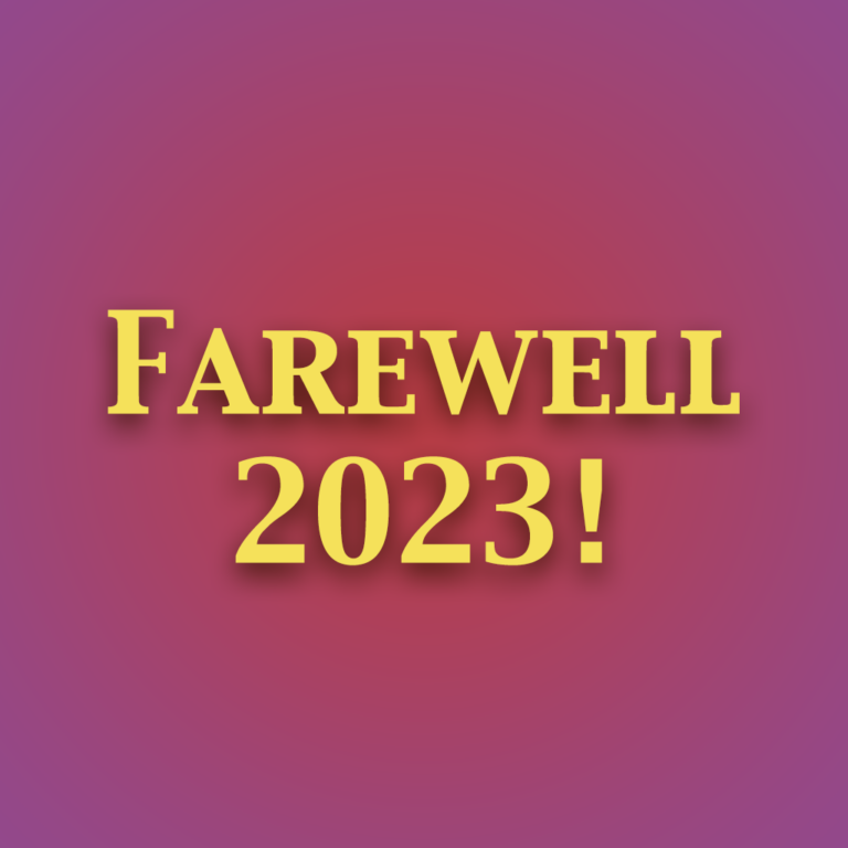 Farewell 2023 is in the center and also is yellow. The background is pink-purple with the pink in the middle and the purple on the edges. This is a look back to the year.